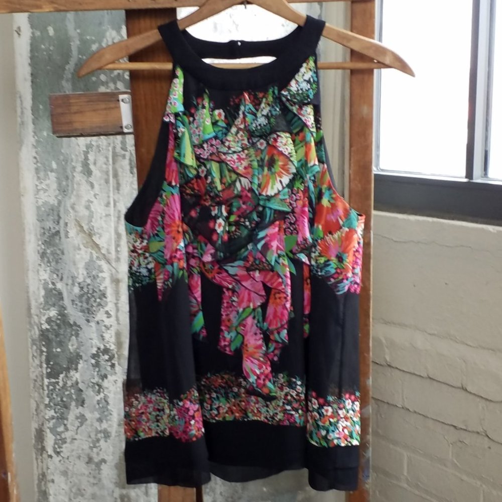 ECI Ruffle Neck Black Pink Aqua Tropical Floral Print Halter Top, Size 6